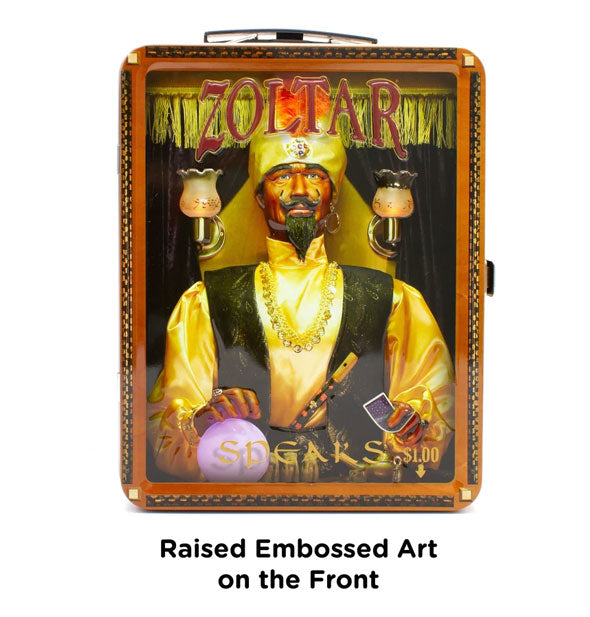 Front of Zoltar Speaks lunchbox is captioned, "Raised Embossed Art on the Front"