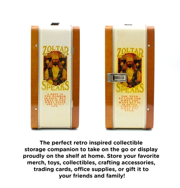 Side views of the Zoltar Speaks lunchbox with usage suggestions caption